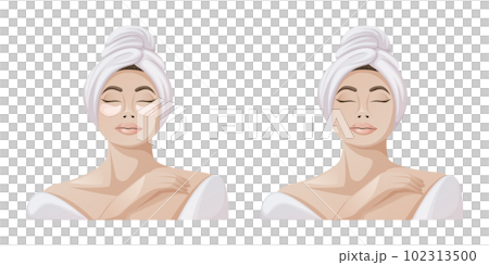 Woman in white bathrobe and towel.The concept of spa, relaxation, face and body skin care. Eye patches. Health and beauty. Trendy vector illustration Woman in white bathrobe and towel.The concept of spa, relaxation, face and body skin care. Eye patches. Health and beauty. Trendy vector illustration 102313500