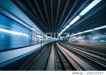 Speeding train inside Tokyo tunnel: motion blur. created with Generative AI 102313555
