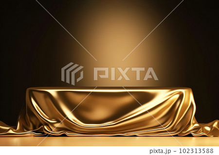 Luxurious Golden Fabric on Blank Podium with Gold Backdrop. created with Generative AI 102313588