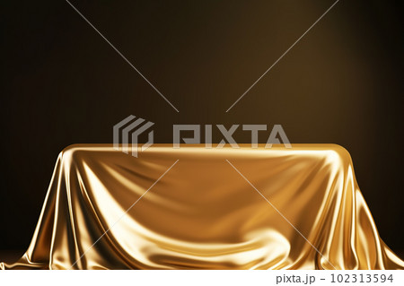 Luxurious Golden Fabric on Blank Podium with Gold Backdrop. created with Generative AI 102313594