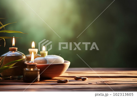 Relaxing Spa Life concept, Arrangement with Stones, Candles, and Leaves. created with Generative AI 102313605