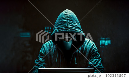 evil hacker in black hood and mask on dark...のイラスト素材 [102313897] - PIXTA