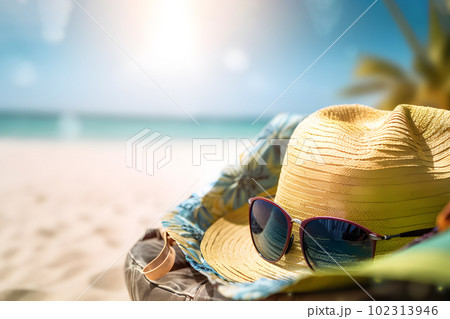 Tropical vacation essentials: Straw hat, beach...のイラスト素材 ...