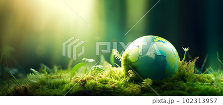 Green Globe On Moss - Environmental Concept. created with Generative AI 102313957