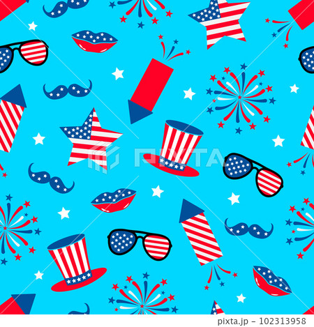 American patriotic seamless pattern. Fourths of July traditional background. Cracker and fireworks backdrop. Vector template for fabric, textile, wallpaper, wrapping paper, etc. 102313958