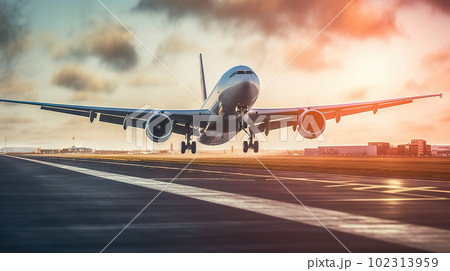 Airplane taking off from the airport with blue sky in background. created with Generative AI Airplane taking off from the airport with blue sky in background. created with Generative AI 102313959