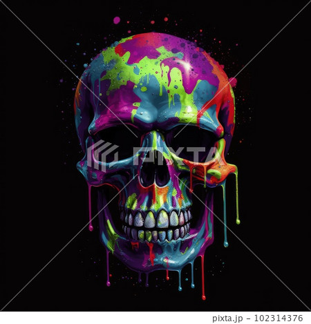 Splattered skull in different colors on a black background Splattered skull in different colors on a black background 102314376
