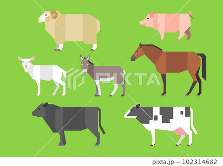 家畜イラストセット（ヒツジ、ブタ、ヤギ、ロバ、ウマ、ウシ）の