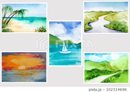 Watercolor photography of landscapes.Trendy minimalistic watercolor illustrations. Original painting of nature Watercolor photography of landscapes.Trendy minimalistic watercolor illustrations. Original painting of nature 102314696