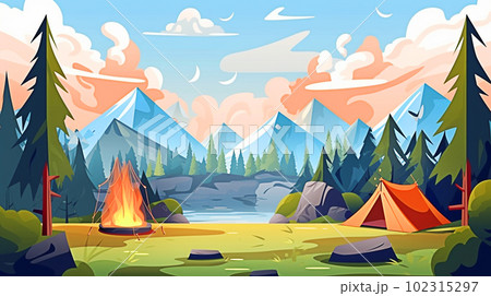 camping in the woods. Mountain landscape with campfire and tent illustration. Generative AI camping in the woods. Mountain landscape with campfire and tent illustration. Generative AI 102315297