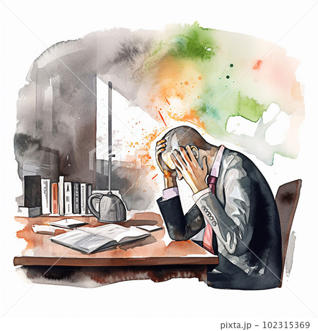 Illustration of a young businesswoman sitting at her desk and crying. Generative AI 102315369