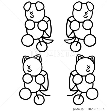 リュックを背負って歩くわんまるとにゃんまるの線画セット2 犬 猫 リュックを背負って歩くわんまるとにゃんまるの線画セット2 犬 猫 102315803