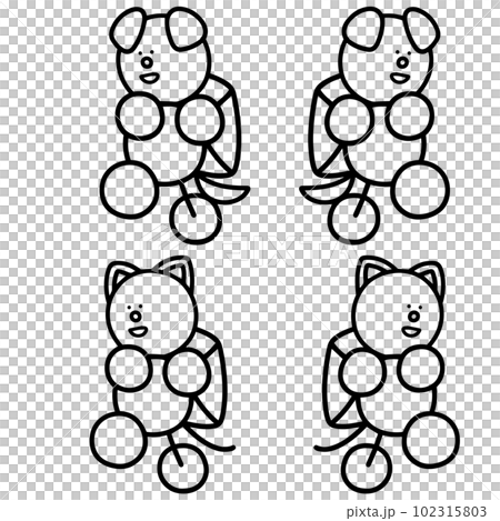 リュックを背負って歩くわんまるとにゃんまるの線画セット2 犬 猫 リュックを背負って歩くわんまるとにゃんまるの線画セット2 犬 猫 102315803
