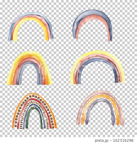 Watercolor hand painted cute rainbow. Illustration isolated on white background. Design for baby shower party, birthday, cake, holiday design, greetings card, invitation. 102316296
