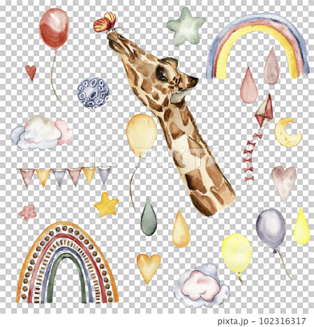 Watecolor hand drawn giraffe illustration and rainbow, Cartoon tropical animal , exotic summer jungle design. Design for baby shower party, birthday, cake, holiday design, greetings card, invitation. 102316317