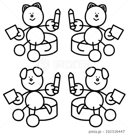 工作するわんまるとにゃんまるの線画セット 犬 猫 工作するわんまるとにゃんまるの線画セット 犬 猫 102316447