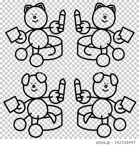 工作するわんまるとにゃんまるの線画セット 犬 猫 工作するわんまるとにゃんまるの線画セット 犬 猫 102316447