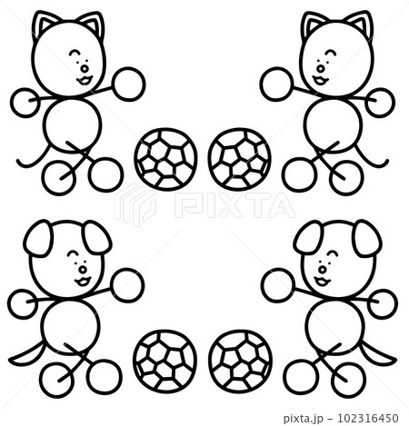 サッカーをするわんまるとにゃんまるの線画セット　犬　猫 102316450