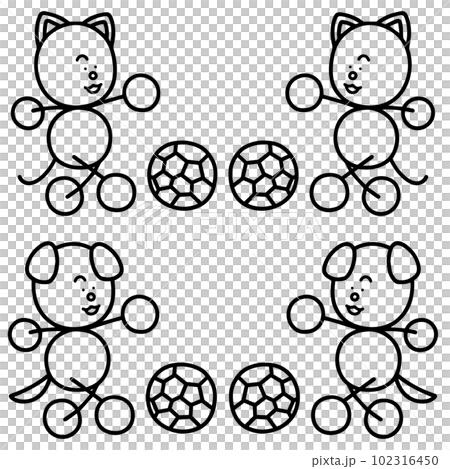 サッカーをするわんまるとにゃんまるの線画セット　犬　猫 102316450