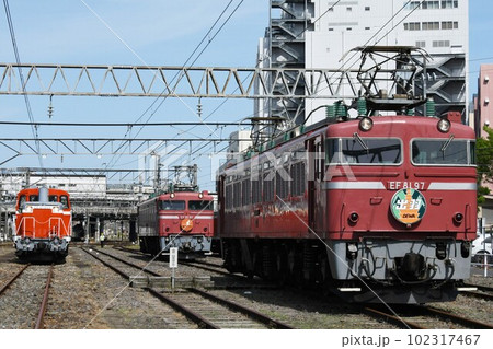 車両基地に停車するEF81形電気機関車とDE10形ディーゼル機関車 車両基地に停車するEF81形電気機関車とDE10形ディーゼル機関車 102317467