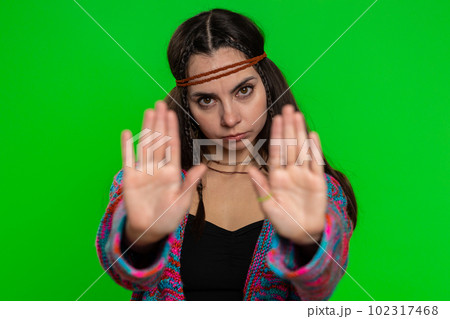 Woman say No hold palm folded crossed hands in stop gesture warning of finish prohibited access Woman say No hold palm folded crossed hands in stop gesture warning of finish prohibited access 102317468