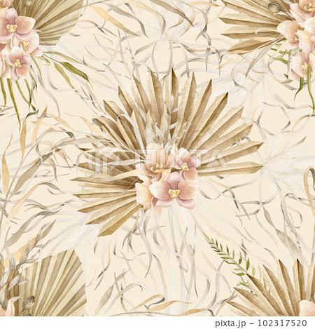 Seamless Pattern in Boho style. Watercolor hand drawn Floral ornament with dry palm leaves and orchid Flowers on beige creamy background. Tropical illustration for wrapping paper or textile design. 102317520