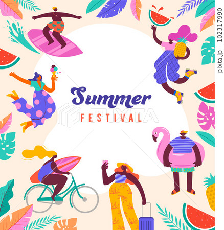 Summer festival, summer sale poster, modern style characters, people at summer. Swimming, traveling 102317990