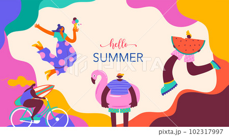 Collection of colorful, modern style characters, people at summer. Swimming, traveling, surfing 102317997