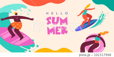 Collection of colorful, modern style characters, people at summer. Swimming, traveling, surfing 102317998