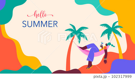 Collection of colorful, modern style characters, people at summer. Swimming, traveling, surfing 102317999