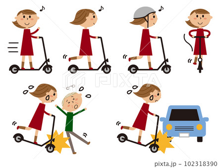 電動キックボードと女性と事故イラストセット 電動キックボードと女性と事故イラストセット 102318390