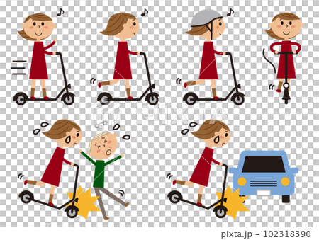 電動キックボードと女性と事故イラストセット 電動キックボードと女性と事故イラストセット 102318390