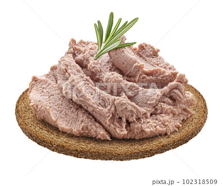 Bread slice with liver pate isolated on white background Bread slice with liver pate isolated on white background 102318509