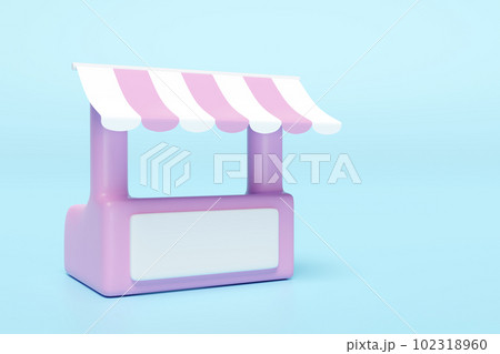 3d pink white booth shop icon or empty retail store front with striped awning isolated on blue background. startup franchise business concept, 3d render illustration, clipping path 3d pink white booth shop icon or empty retail store front with striped awning isolated on blue background. startup franchise business concept, 3d render illustration, clipping path 102318960