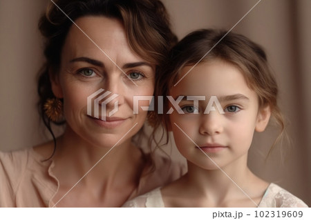 Mother and daughter portrait on pastel background. Generative AI 102319609