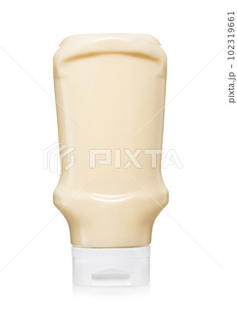 Classic light organic mayonnaise in plastic bottle on white. Classic light organic mayonnaise in plastic bottle on white. 102319661