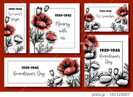 A set of congratulatory posters for the day of remembrance of the Second World War.Red poppies.May 8 and 9. A set of congratulatory posters for the day of remembrance of the Second World War.Red poppies.May 8 and 9. 102320007