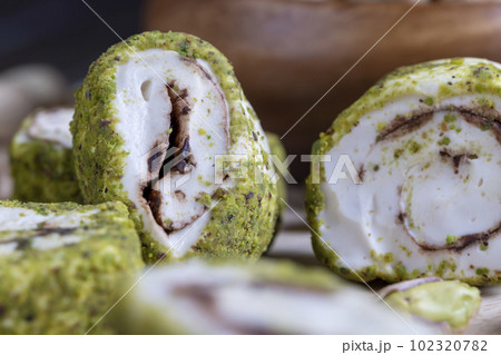 Sweet Turkish delight with fried crushed pistachios Sweet Turkish delight with fried crushed pistachios 102320782
