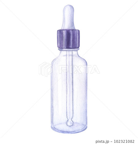 Purple transparent glass cosmetic small bottle with a pipette. Ampoule. Hand draw watercolor illustration isolated on white background Purple transparent glass cosmetic small bottle with a pipette. Ampoule. Hand draw watercolor illustration isolated on white background 102321082
