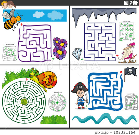 maze puzzles set with funny cartoon characters maze puzzles set with funny cartoon characters 102321164