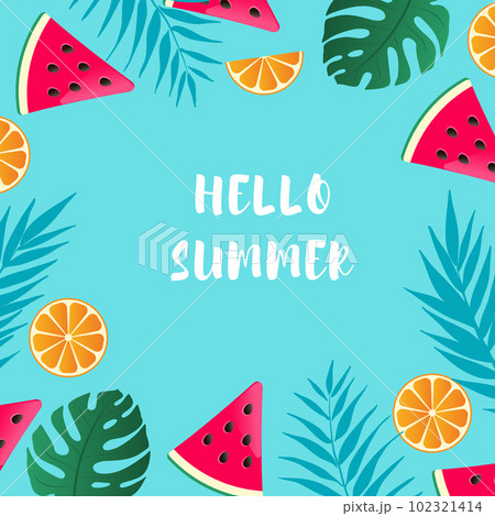 Hello summer banner with watermelon, oranges and palm leaves. 102321414