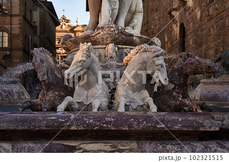 Detail of horses of the Neptune fountain, in Florence, Italy at dusk. 102321515