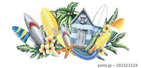 Wooden beach cabin with surfboard, tropical monstera leaves, frangipani flowers, road sign and cocktail in coconut. Watercolor illustration, hand drawn. Isolated composition on a white background. 102321524