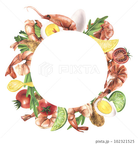 Round frame, wreath empty template with white background for text, information with shrimp, greens, vegetables and eggs. Watercolor illustration hand drawn. For menus, recipes, cooking. Round frame, wreath empty template with white background for text, information with shrimp, greens, vegetables and eggs. Watercolor illustration hand drawn. For menus, recipes, cooking. 102321525
