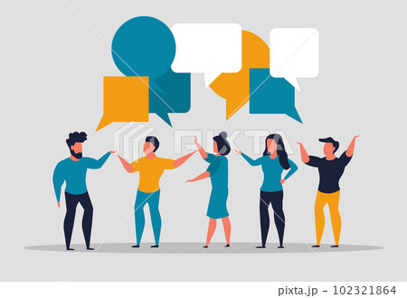 Discussion and conversation of a crowd of people. People talk and discuss their ideas. Company team brainstorming, teamwork. Colleagues discuss work with speech bubbles. Vector illustration concept 102321864