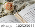花と洋書とネックレス、（ふんわりしたかわいい読書ライフスタイルのイメージ） 102323044