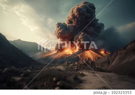 A volcanic eruption in the mountains with a column of lava and smoke. Generative AI 102323353