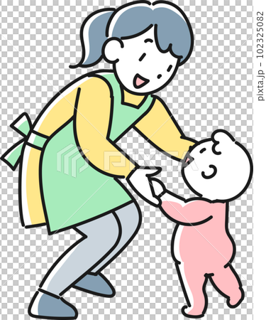 立っている赤ちゃんを支える笑顔の若い女性保育士 102325082