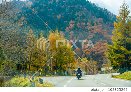 岐阜県高山市 秋の紅葉のせせらぎ街道を走るオートバイの人 岐阜県高山市 秋の紅葉のせせらぎ街道を走るオートバイの人 102325265