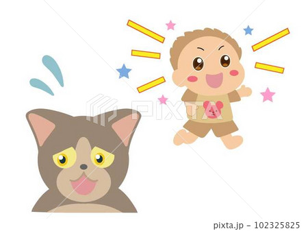 大声で騒ぐ子供と、うるさくて困るグレーの猫 102325825